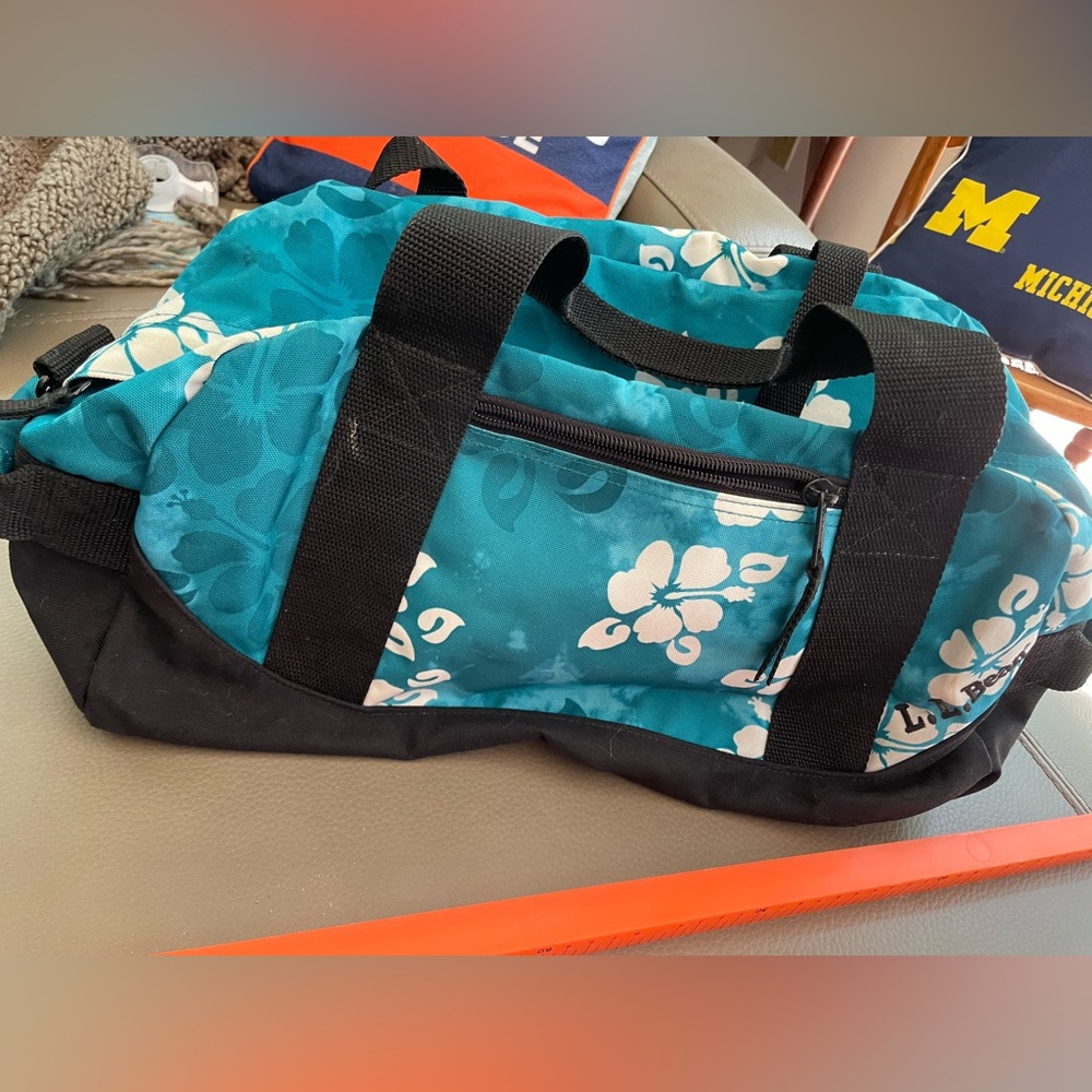 Floral Teal and Black LL Bean  small tote bag 20 in. long x 6.5 in. wide x 7 in.
